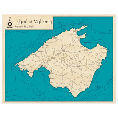 Bathymetric topo map of Island of Mallorca with roads, towns and depths noted in blue water