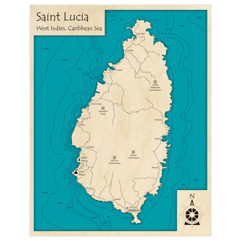 Bathymetric topo map of Saint Lucia with roads, towns and depths noted in blue water