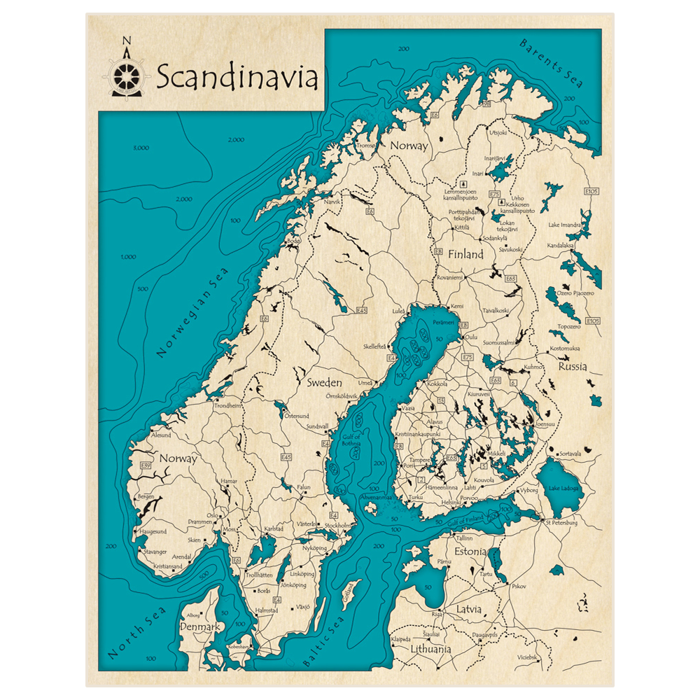 Bathymetric topo map of Scandinavia (Norway Sweden Finland) with roads, towns and depths noted in blue water