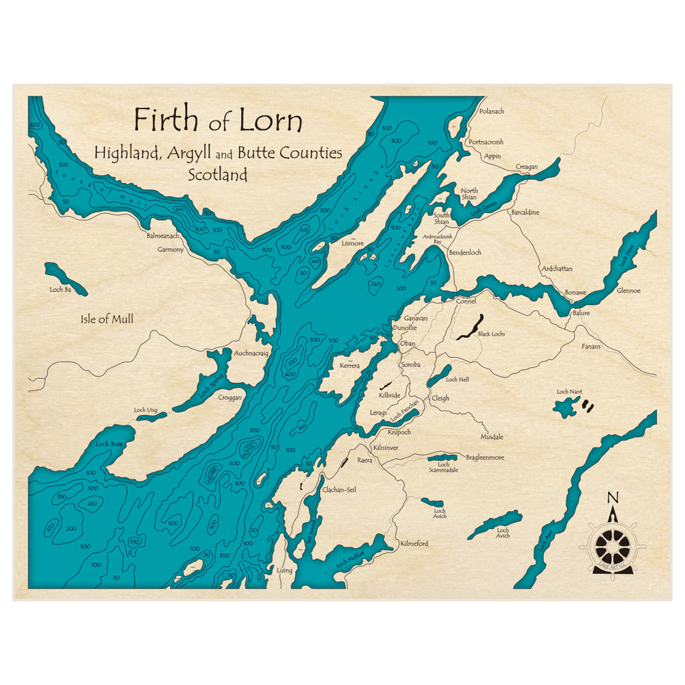 Bathymetric topo map of Firth of Lorn with roads, towns and depths noted in blue water