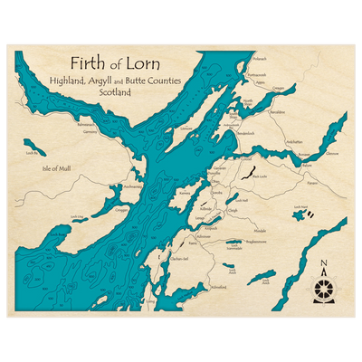 Bathymetric topo map of Firth of Lorn with roads, towns and depths noted in blue water