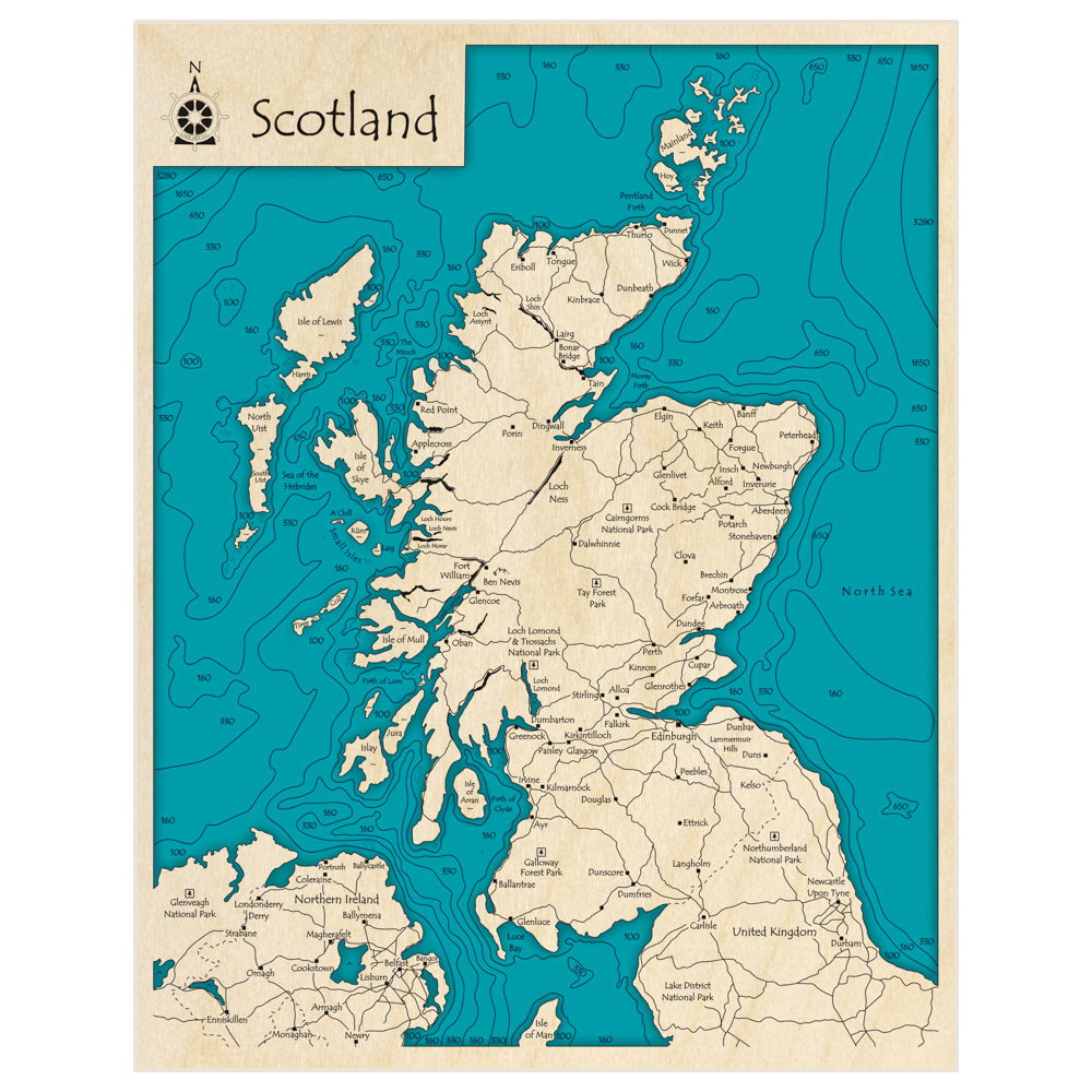 Bathymetric topo map of Scotland with roads, towns and depths noted in blue water