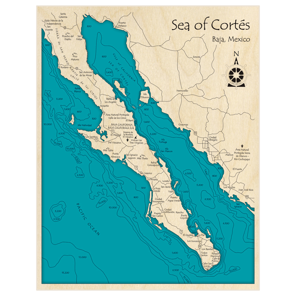 Bathymetric topo map of Sea of Cortes (Baja California) with roads, towns and depths noted in blue water