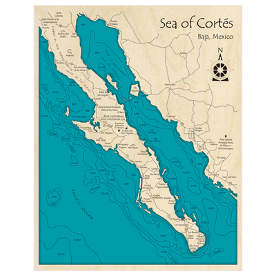 Bathymetric topo map of Sea of Cortes (Baja California) with roads, towns and depths noted in blue water