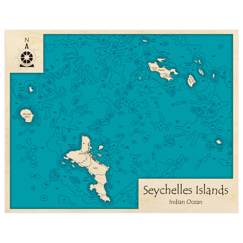 Bathymetric topo map of Seychelles Islands with roads, towns and depths noted in blue water