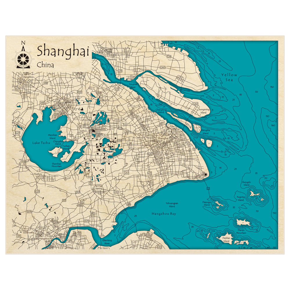 Bathymetric topo map of Shanghai with roads, towns and depths noted in blue water