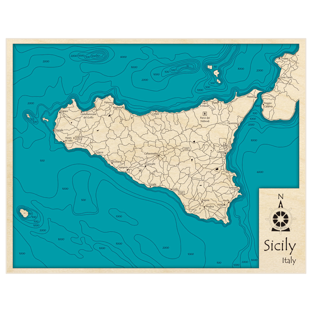 Bathymetric topo map of Sicily with roads, towns and depths noted in blue water