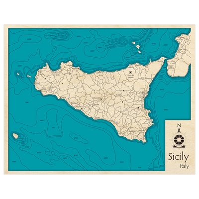 Bathymetric topo map of Sicily with roads, towns and depths noted in blue water