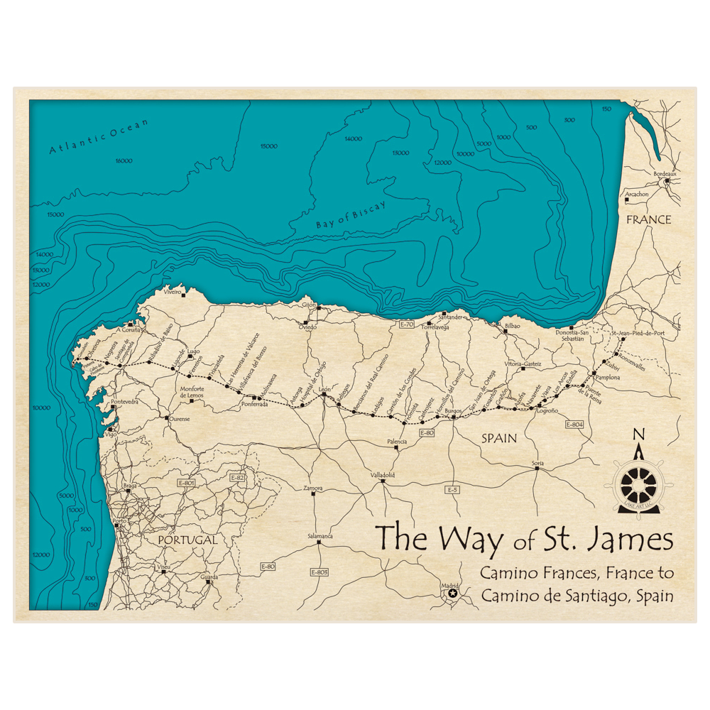 Bathymetric topo map of The Way of St James (Camino de Santiago) with roads, towns and depths noted in blue water