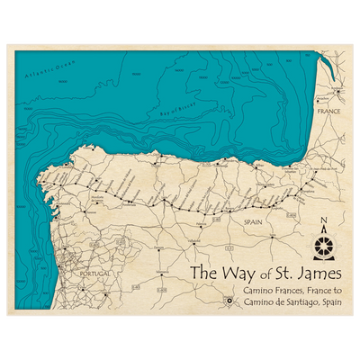 Bathymetric topo map of The Way of St James (Camino de Santiago) with roads, towns and depths noted in blue water