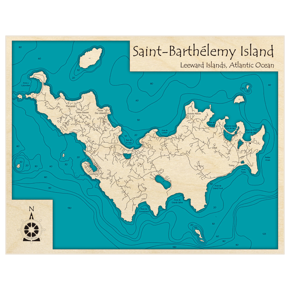 Bathymetric topo map of Saint-Barthelemy Island with roads, towns and depths noted in blue water