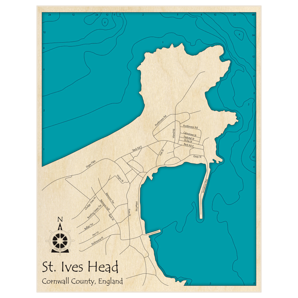 Bathymetric topo map of St Ives Head with roads, towns and depths noted in blue water