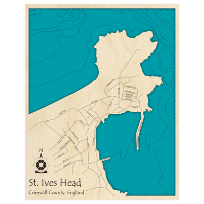 Bathymetric topo map of St Ives Head with roads, towns and depths noted in blue water