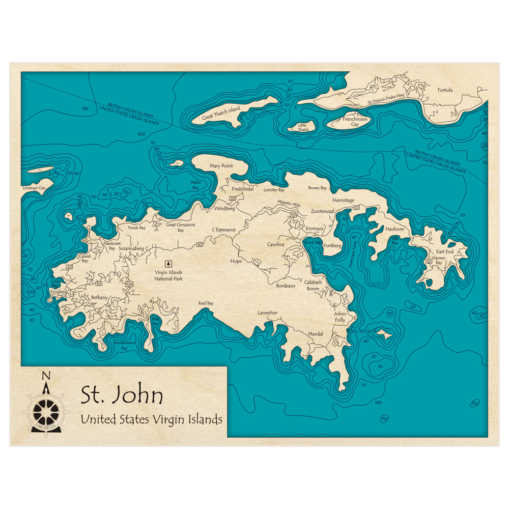 Bathymetric topo map of St John with roads, towns and depths noted in blue water