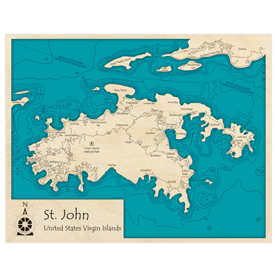 Bathymetric topo map of St John with roads, towns and depths noted in blue water