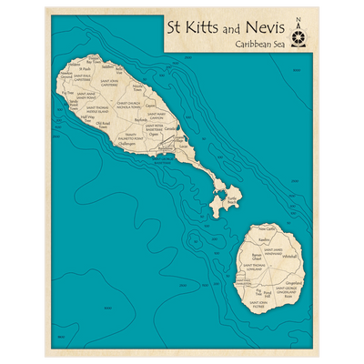 Bathymetric topo map of St Kitts and Nevis with roads, towns and depths noted in blue water