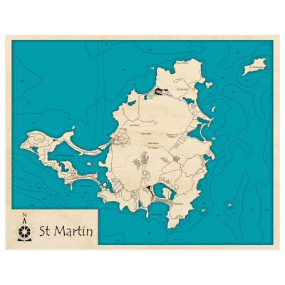 Bathymetric topo map of St Martin with roads, towns and depths noted in blue water
