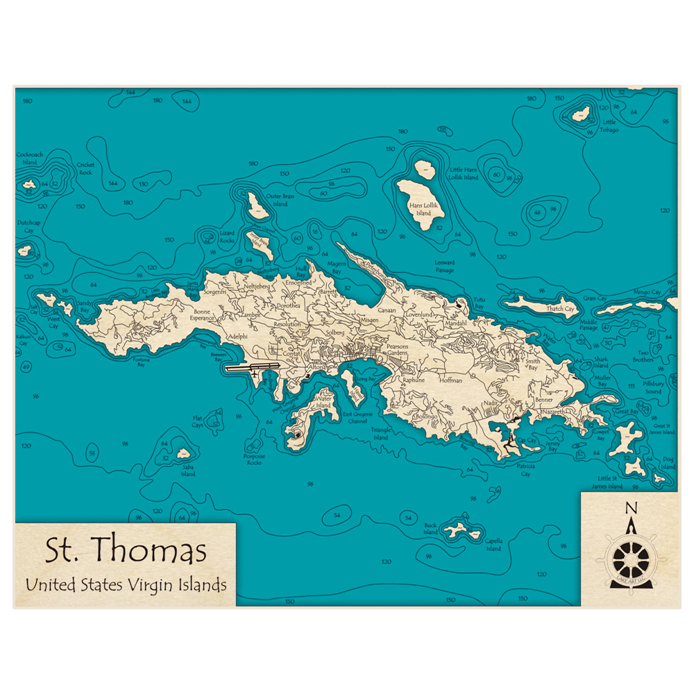 Bathymetric topo map of St Thomas Island with roads, towns and depths noted in blue water
