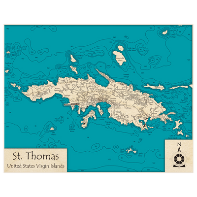 Bathymetric topo map of St Thomas Island with roads, towns and depths noted in blue water