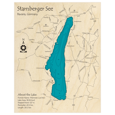 Bathymetric topo map of Starnberger See with roads, towns and depths noted in blue water