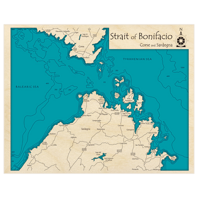 Bathymetric topo map of Strait of Bonifacio with roads, towns and depths noted in blue water