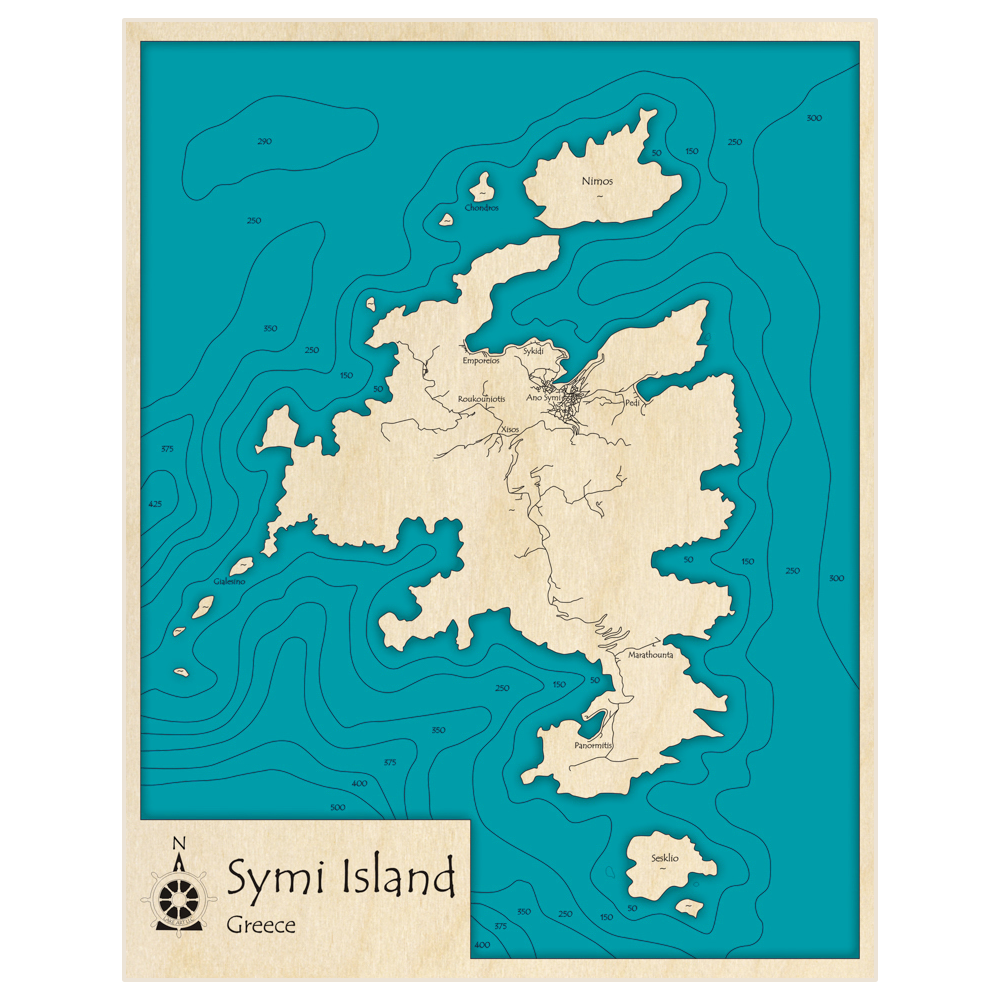 Bathymetric topo map of Symi Island with roads, towns and depths noted in blue water