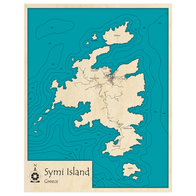 Bathymetric topo map of Symi Island with roads, towns and depths noted in blue water