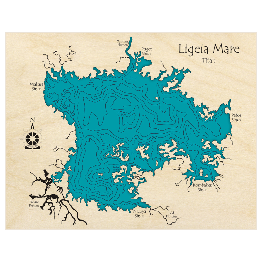 Bathymetric topo map of Ligeia Mare  with roads, towns and depths noted in blue water