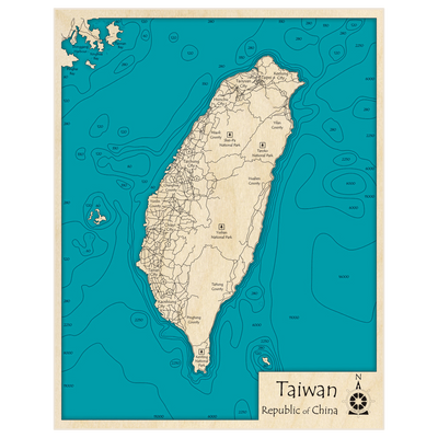 Bathymetric topo map of Taiwan with roads, towns and depths noted in blue water