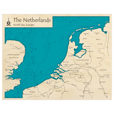 Bathymetric topo map of The Netherlands with roads, towns and depths noted in blue water