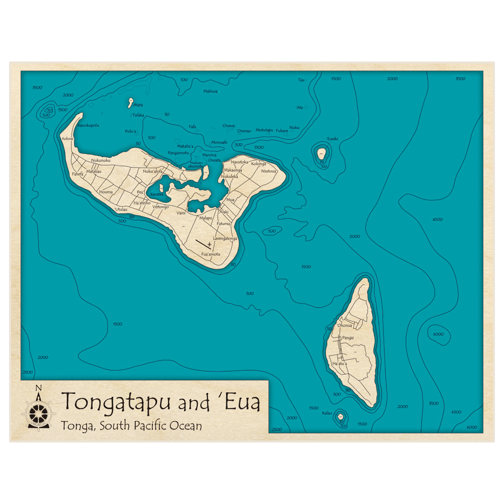 Bathymetric topo map of Tongatapu and Eua with roads, towns and depths noted in blue water