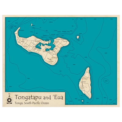 Bathymetric topo map of Tongatapu and Eua with roads, towns and depths noted in blue water