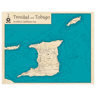 Bathymetric topo map of Trinidad and Tobago with roads, towns and depths noted in blue water