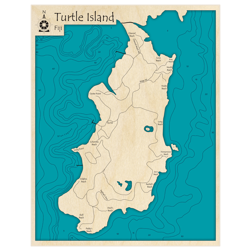 Bathymetric topo map of Turtle Island with roads, towns and depths noted in blue water
