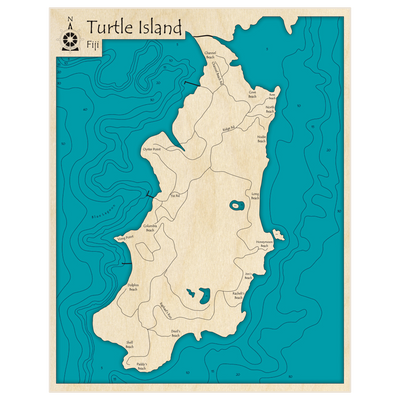 Bathymetric topo map of Turtle Island with roads, towns and depths noted in blue water
