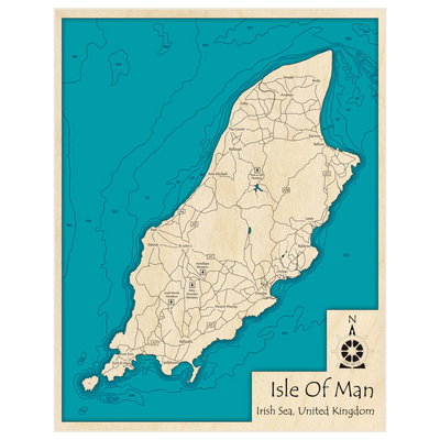Bathymetric topo map of Isle of Man with roads, towns and depths noted in blue water