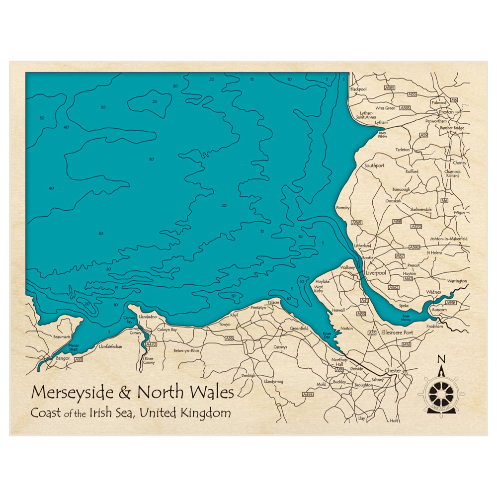 Bathymetric topo map of Merseyside and North Wales with roads, towns and depths noted in blue water