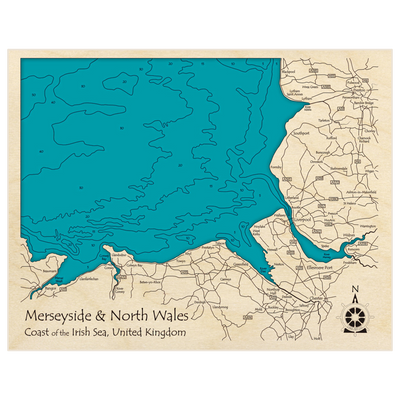Bathymetric topo map of Merseyside and North Wales with roads, towns and depths noted in blue water