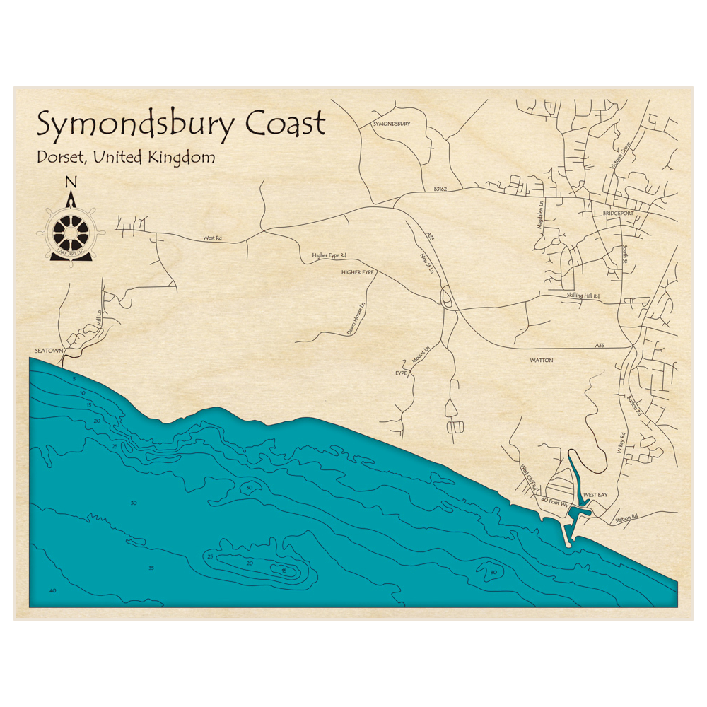 Bathymetric topo map of Symondsbury Coast with roads, towns and depths noted in blue water