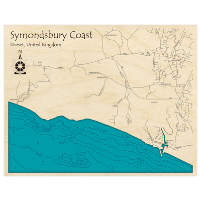 Bathymetric topo map of Symondsbury Coast with roads, towns and depths noted in blue water