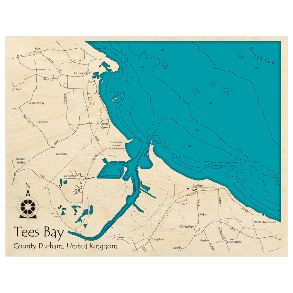 Bathymetric topo map of Tees Bay with roads, towns and depths noted in blue water