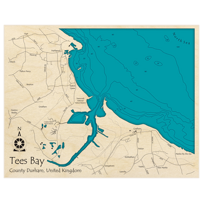 Bathymetric topo map of Tees Bay with roads, towns and depths noted in blue water