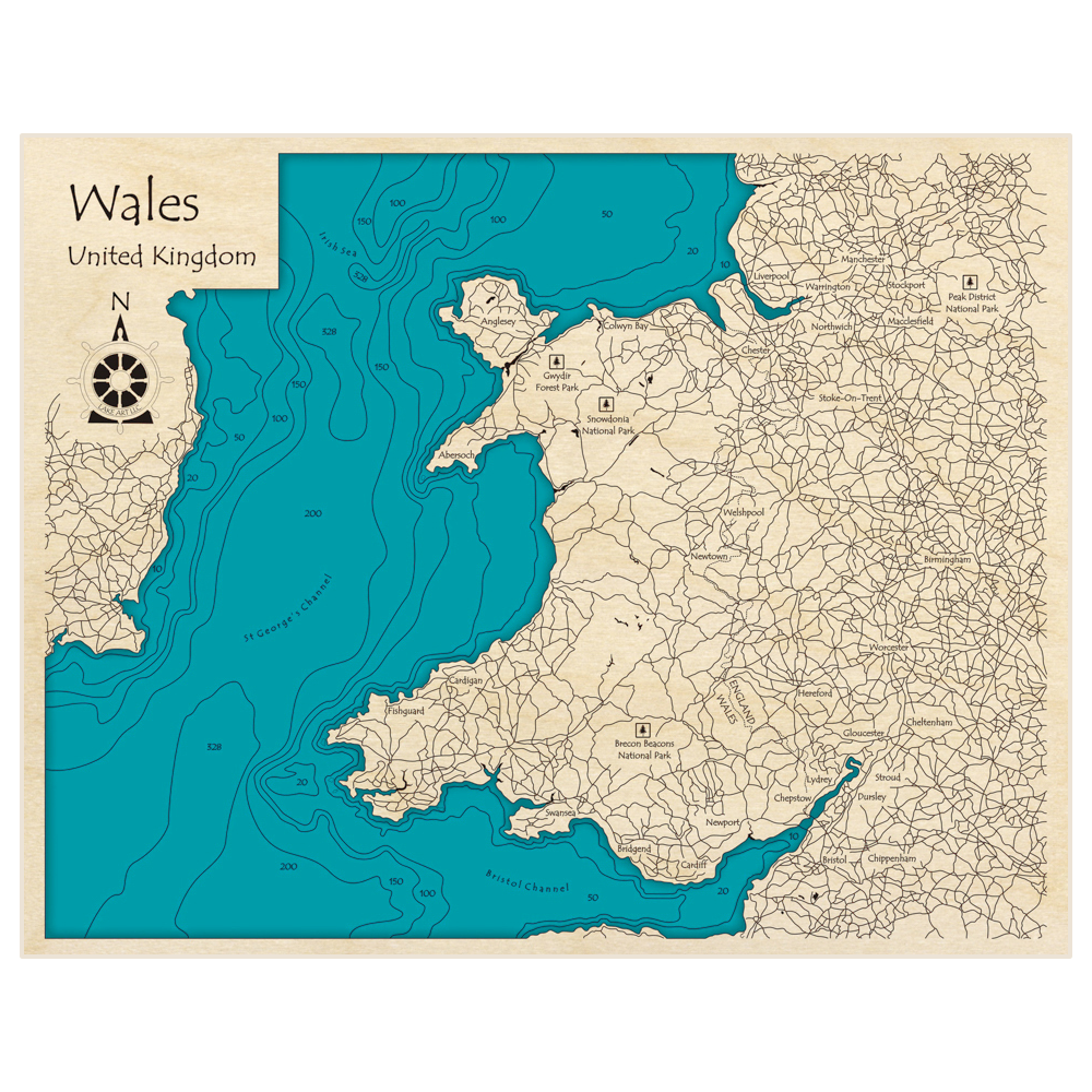 Bathymetric topo map of Wales (and St Georges Channel) with roads, towns and depths noted in blue water