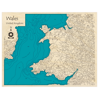 Bathymetric topo map of Wales (and St Georges Channel) with roads, towns and depths noted in blue water