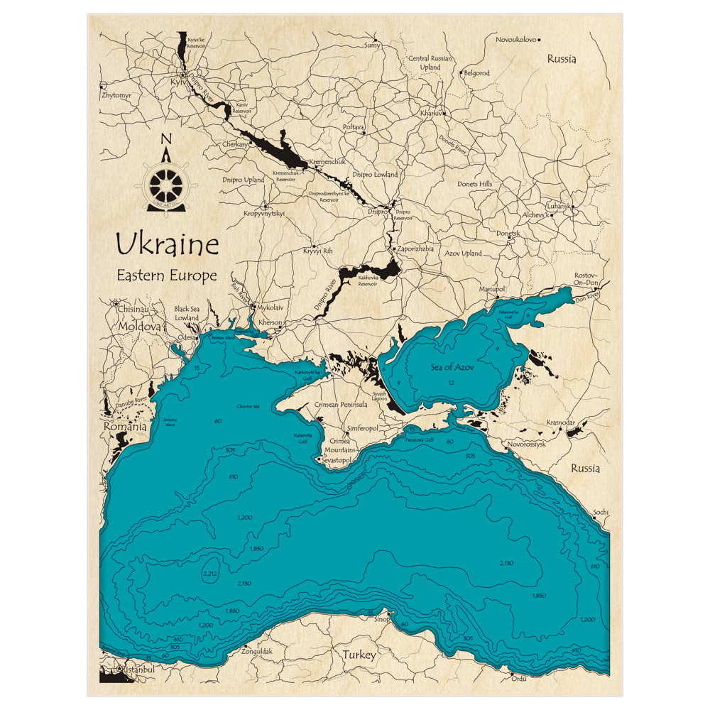 Bathymetric topo map of Ukraine and Black Sea Coast with roads, towns and depths noted in blue water