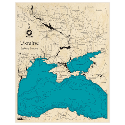 Bathymetric topo map of Ukraine and Black Sea Coast with roads, towns and depths noted in blue water