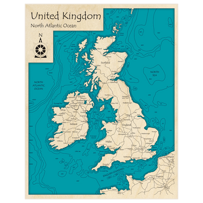 Bathymetric topo map of United Kingdom with roads, towns and depths noted in blue water