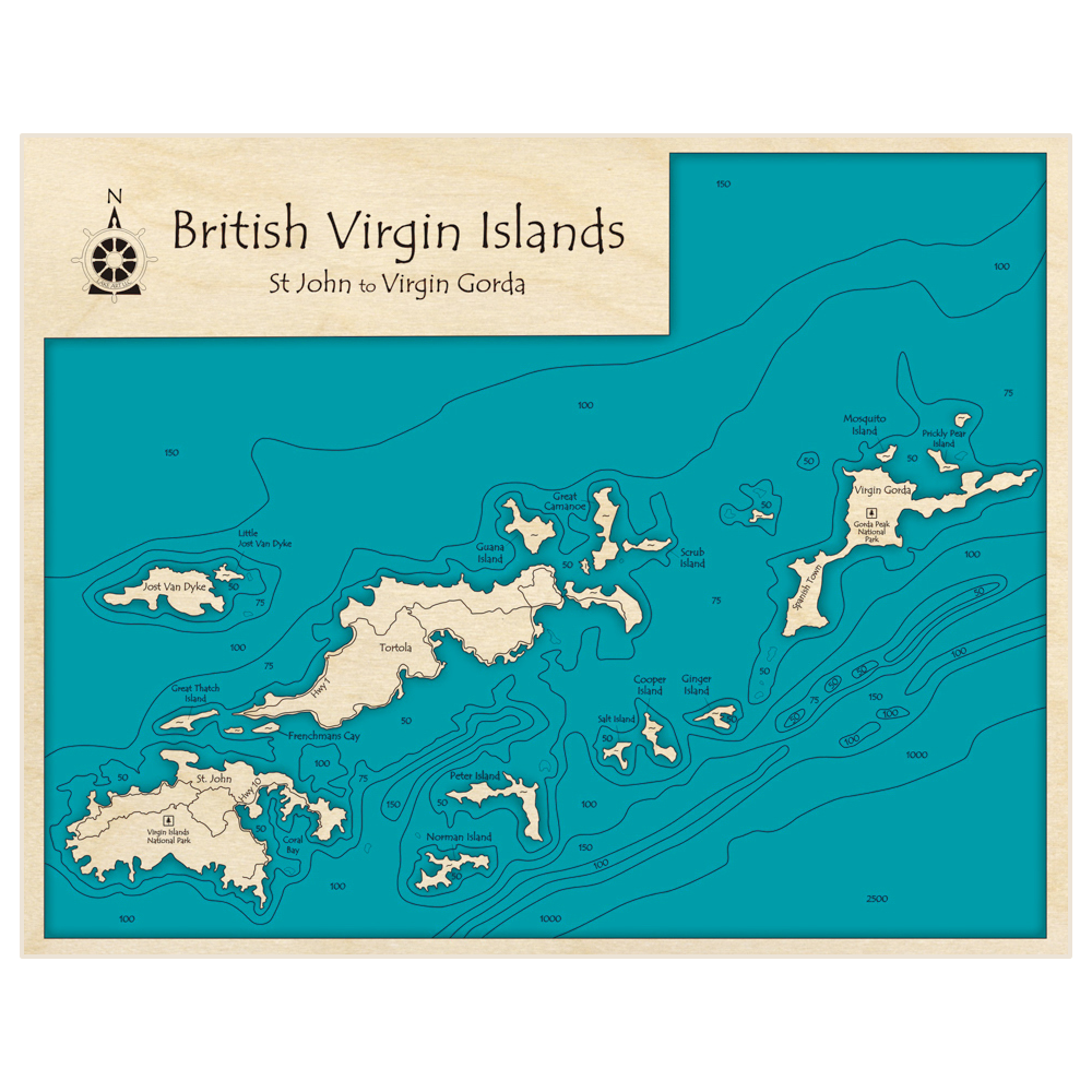 Bathymetric topo map of British Virgin Islands (St John to Virgin Gorda) (Without Anegada) with roads, towns and depths noted in blue water