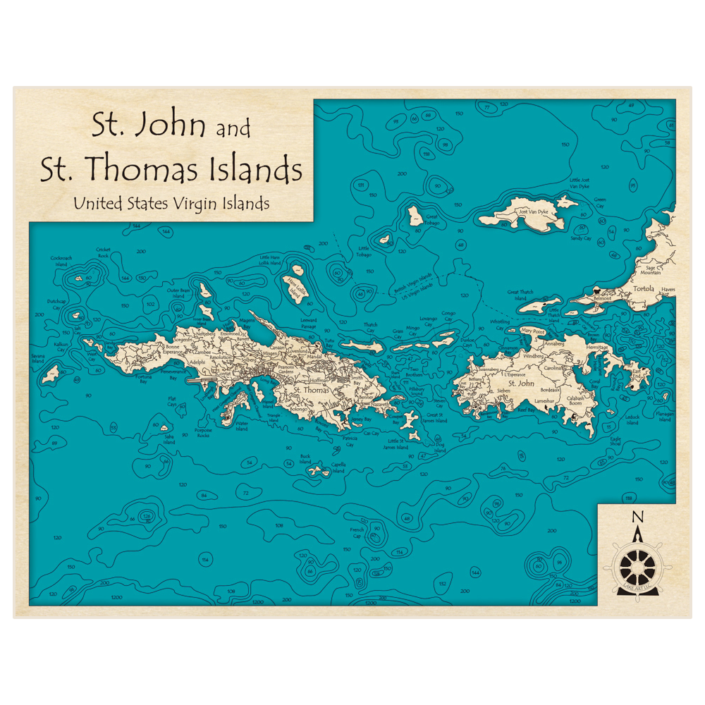 Bathymetric topo map of St John and St Thomas Islands with roads, towns and depths noted in blue water