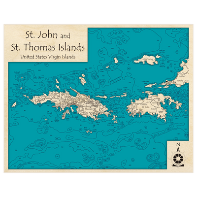 Bathymetric topo map of St John and St Thomas Islands with roads, towns and depths noted in blue water